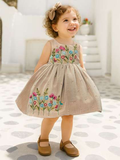 Lagorii Girls Floral
                    Embroidered Embellished Linen Fit & Flare Dress
