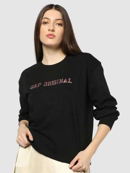 GAP Women
                        Embellished Sequined Logo Relaxed Fit Crew Neck
                        Pullover Sweatshirt