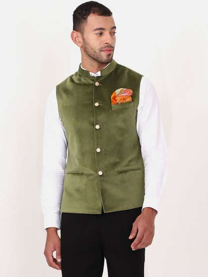 MANQ Men Slim-Fit
                        3-Piece Solid Nehru Jacket & Trouser Suit