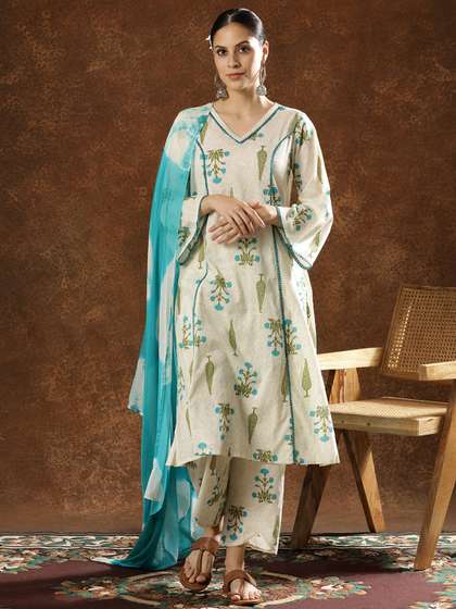 Anouk Floral Printed
                        V-Neck Thread Work A-Line Pure Cotton Kurta With
                        Trousers & Dupatta