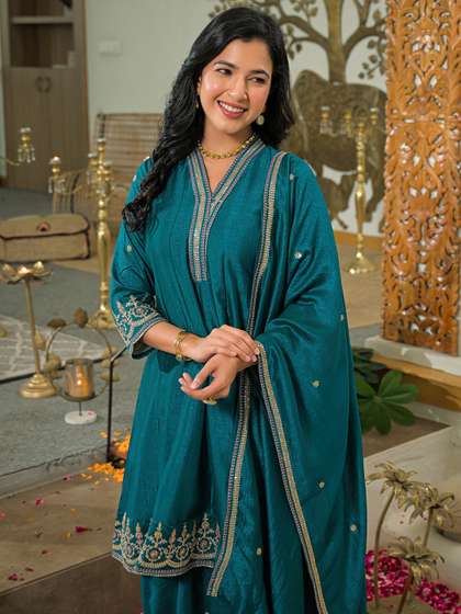 SANISA Women
                          Ethnic Motifs Embroidered Panelled Kurta with
                          Sharara & With Dupatta