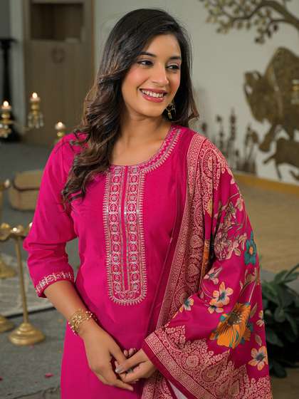 SANISA Floral Yoke
                        Design Sequinned Straight Kurta With Trousers
                        & Dupatta