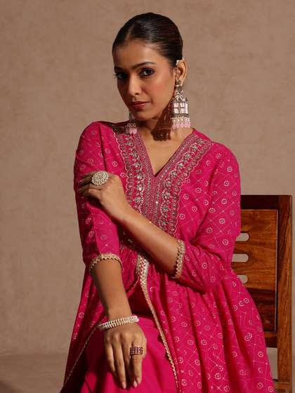 Janasya Women
                          Bandhani Embroidered Pleated Sequinned
                          Georgette A-Line Kurti With Palazzos