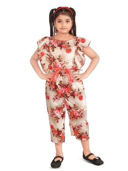 Nickys Disegno Girls
                    Floral Printed Chiffon Basic Jumpsuit with Ruffles
