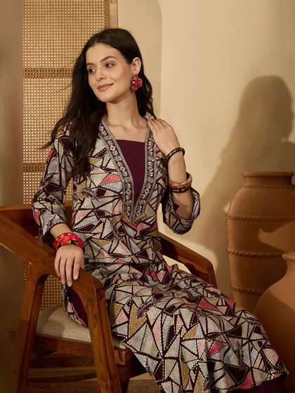Sangria Women Purple
                        Print & Embroidered A-Line Bell Sleeves
                        Kurta