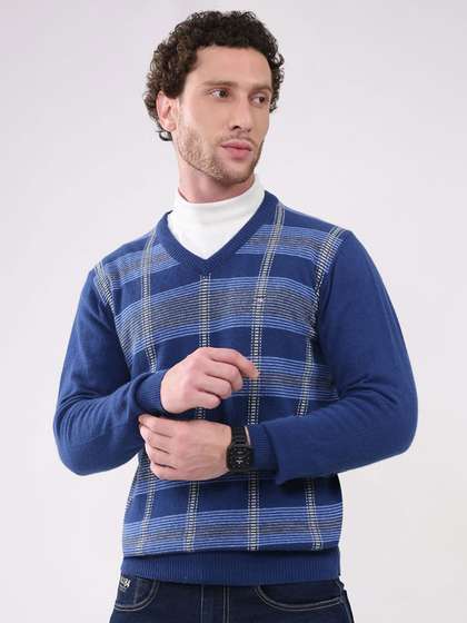 Monte Carlo Men
                          Checked Printed V-Neck Long Sleeves Woollen
                          Pullover Sweater