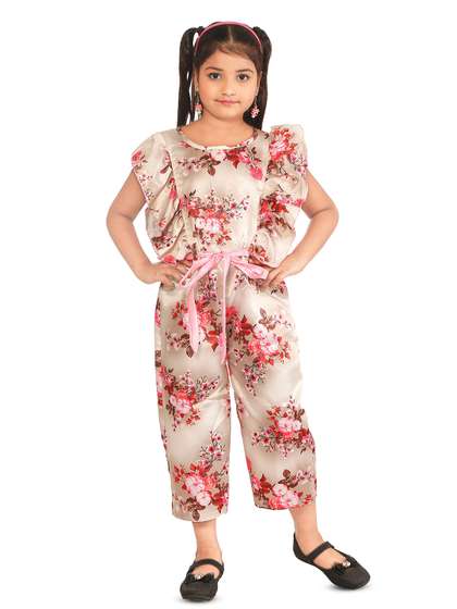 Nickys Disegno Girls
                    Floral Printed Flutter Sleeves Waist Tie-Ups Chiffon
                    Capri Jumpsuit