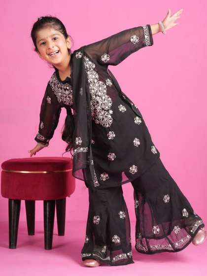 KHAKA Girls Floral
                    Embroidered Kurta with Sharara & Dupatta
