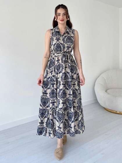 MANOJAVA Women Ethnic
                      Motifs Printed Belted Tiered Shirt Collar Fit
                      & Flare Maxi Dress