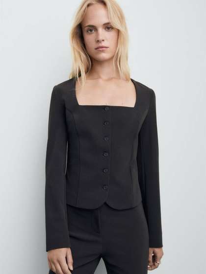 MANGO Square Neck
                        Paneled Crop Blazer
