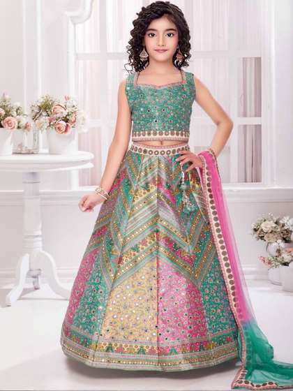 Sangria Girls Printed
                    Mirror Work Ready to Wear Lehenga & Blouse With
                    Dupatta