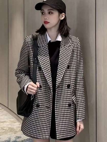 HERE&NOW Women
                        Black & White Checked Polyester
                        Single-Breasted Blazer
