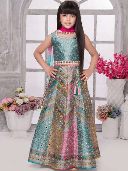 Sangria Girls Printed
                    Mirror Work Ready to Wear Lehenga & Blouse With
                    Dupatta