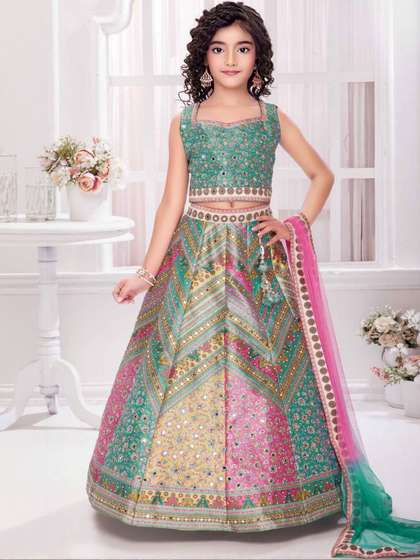 Sangria Girls Printed
                      Mirror Work Ready to Wear Lehenga & Blouse
                      With Dupatta