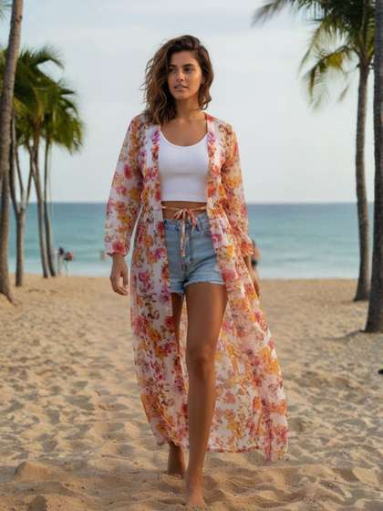 Sera Floral Printed
                        Longline Tie-Up Shrug