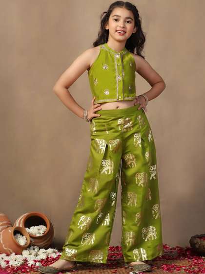 FASHION DREAM Girls
                    Ethnic Motifs Embroidered Sleeveless Top With
                    Palazzos