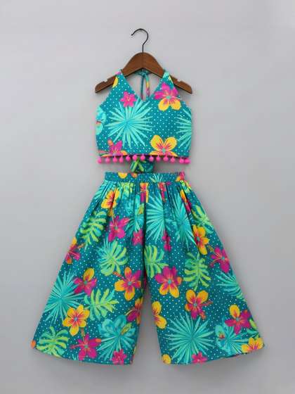 KidsFlower Girls Floral
                    Printed Sleeveless Crop Top With Palazzo