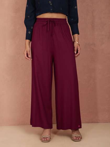 TWIN BIRDS Women
                        Burgundy Solid Wide Leg Palazzos