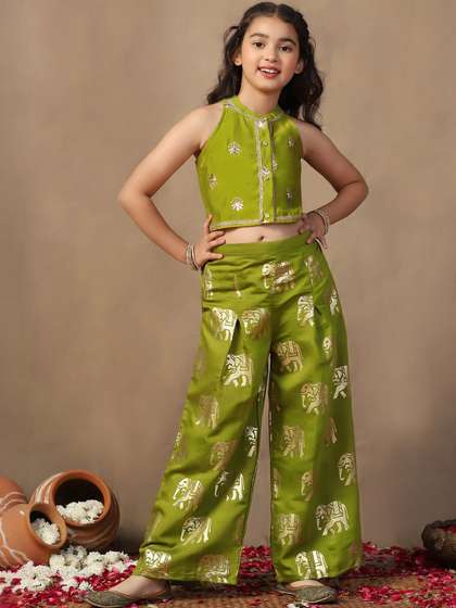 Sangria Girls
                    Embroidered Crop Top and Foil Printed Palazzo
                    Clothing Set