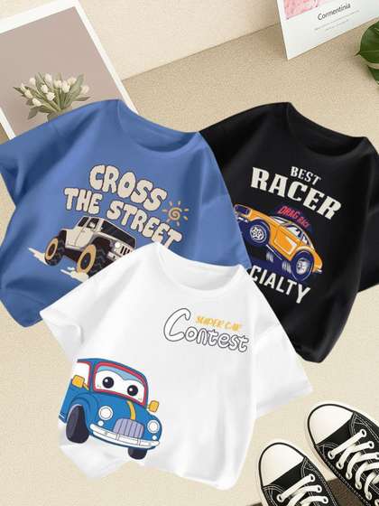Googo Gaaga Kids Pack Of
                    3 Typography Printed Round Neck Drop-Shoulder
                    Sleeves T-shirts