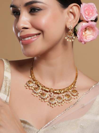 Rubans 22KT
                        Gold-Plated Cubic Zirconia Studded & Pearls
                        Beaded Lakshmi God Jewellery Set