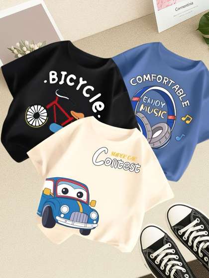 Googo Gaaga Kids Pack Of
                    3 Typography Printed Round Neck Drop-Shoulder
                    Sleeves T-shirts