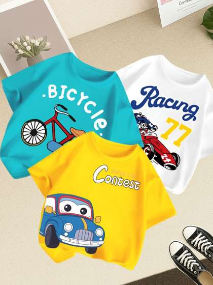 Googo Gaaga Kids Pack Of
                    3 Typography Printed Round Neck Drop-Shoulder
                    Sleeves T-shirts