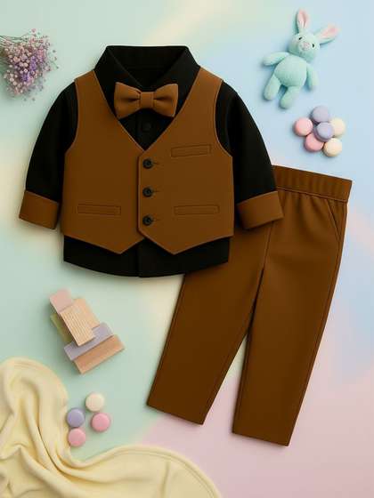 FABMYTRA Boys Pure
                      Cotton 4 Piece Single Breasted Suit With Bow Tie