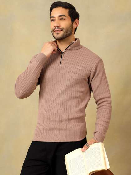 Voxmonks Men Solid
                        Mock Collar Half Zipper Pullover Sweater