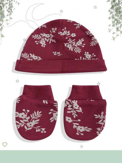 mothercare Infant Girls
                    Floral Print Pure Cotton Beanie with Pair of
                    Mittens