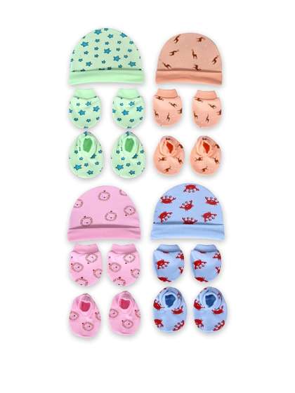 Mom's Darling Kids Pack
                    of 4 Printed Cotton Beanie & Mittens With
                    Booties