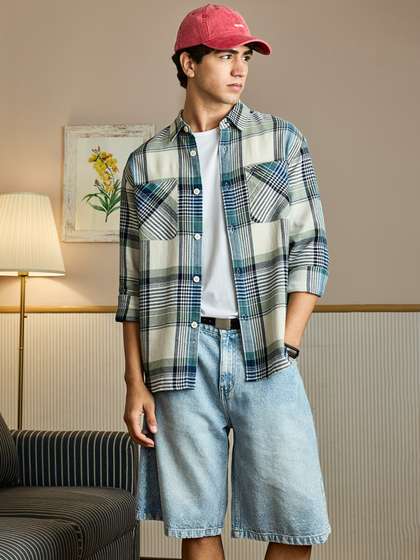 Snitch Men Relaxed Fit Checked Spread Collar Pure Cotton Casual Shirt Snitch Men Relaxed Fit Checked Spread Collar Pure Cotton Casual Shirt