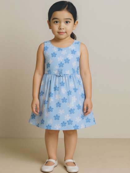 YK Girls Blue Polyester
                    Printed Fit and Flare Dresses