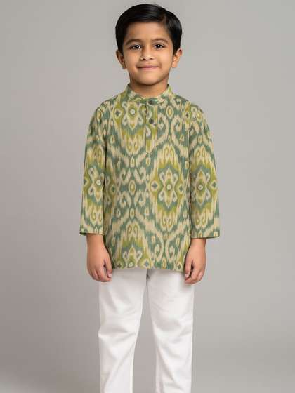 Sangria Boys Green
                    Cotton Mandarin Collar Printed Long Sleeves Ethnic
                    Kurta Sets