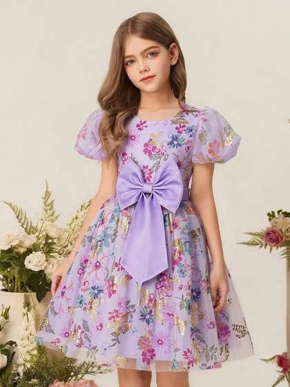 BAESD Girls Floral
                    Printed Puff Sleeve Cotton A-Line Dress
