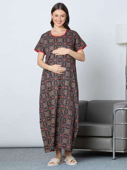 MomToBe Women Cotton
                        Navy Blue Feeding Nighty