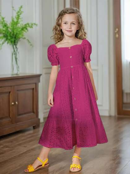 BAESD Solid Schiffli
                    Puff Sleeve Fit and Flare Midi Dress