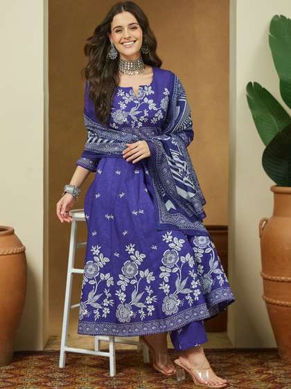 Janasya Floral
                        Printed Notch Neck Panelled Anarkali Kurta With
                        Trousers & Dupatta