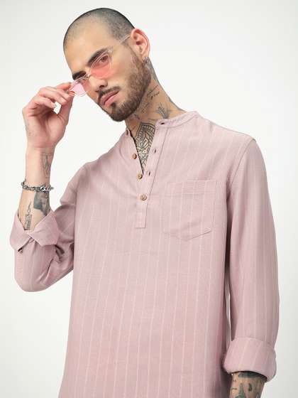 VASTRADO Striped
                        Band Collar Pure Cotton Straight Kurta