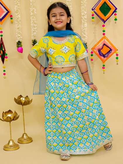 JUNITOS Girls
                        Printed Ready To Wear Cotton Lehenga &
                        Blouse With Dupatta