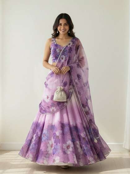 LIPS CROWN Floral
                          Printed Organza Semi-Stitched Lehenga &
                          Blouse With Dupatta