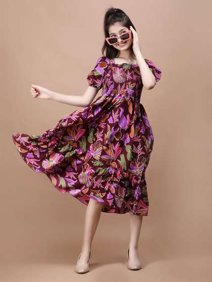 STARWORD Girls Floral
                    Printed Smocked Puff Sleeve Fit & Flare Midi
                    Dress