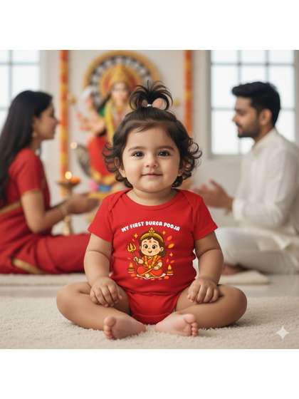 karmikh clothing &
                    lifestyle Kids Unisex Red Cotton Durga Puja Printed
                    Casual Romper
