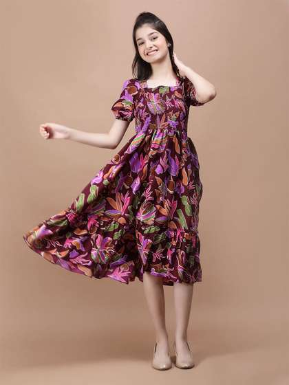 PTVIZE Floral Print Puff
                    Sleeve Square Neck Fit & Flare Midi Dress