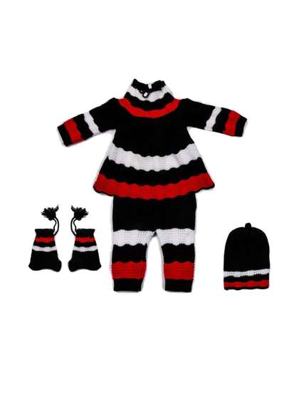 TRENDY WORLD Kids Girls
                    4 Pcs Striped Woolen Sweater With Cap & Gloves