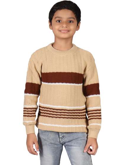Rebiva Boys Beige Woolen
                    Striped Winter Round Neck Long Sleeves Pullover
                    Sweater