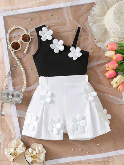 NABBU Girls Floral
                          Patch Work One Shoulder Top With Shorts