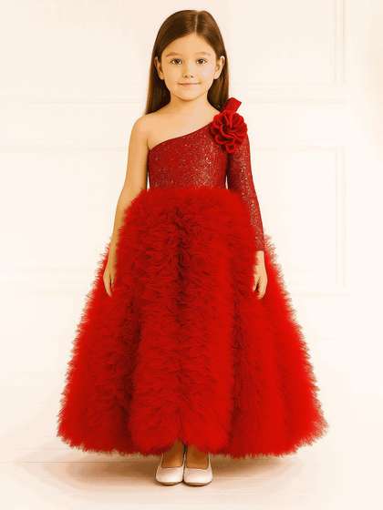 TILISM Girls One
                      Shoulder Net Fit & Flare Maxi Dress