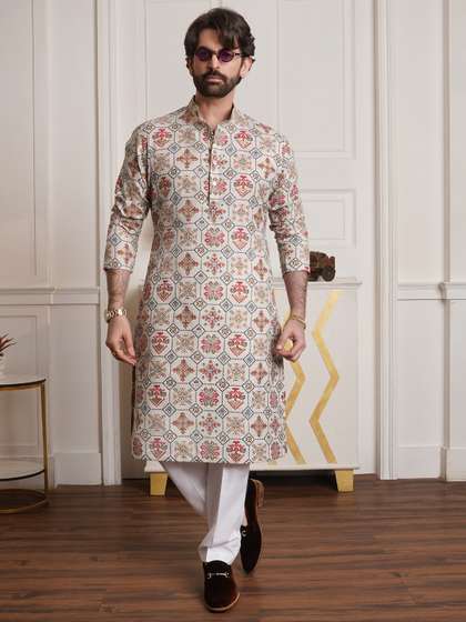 SOJANYA Men
                          Cream-Coloured Geometric Printed Kurta