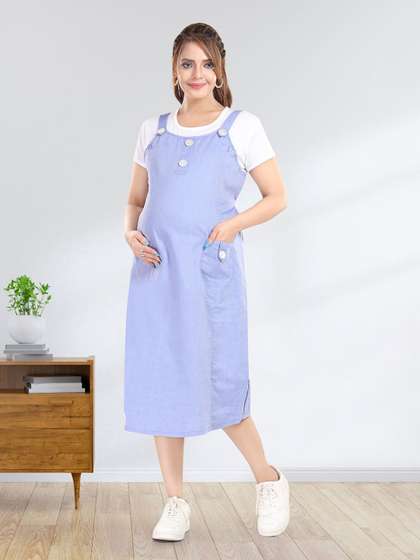 MomsBae Women
                          Maternity Round Neck Pinafore Midi Dress